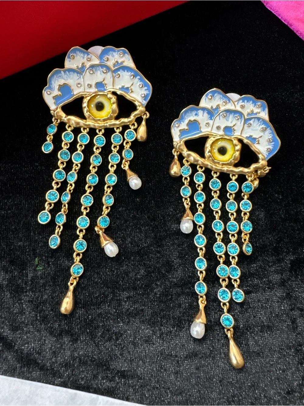 Schiaparelli inspired Eyelash Dangle Earrings - Gold Tone with blue crystals